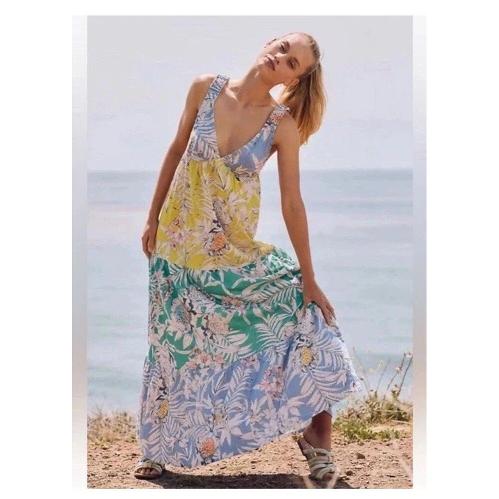 Anthropologie Tiered Tropical Maxi Dress in Yellow, Green, and Light Blue